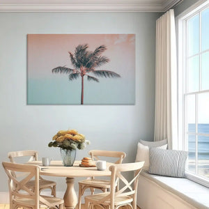 Soft pink and teal palm canvas art enhancing serene bedroom wall design