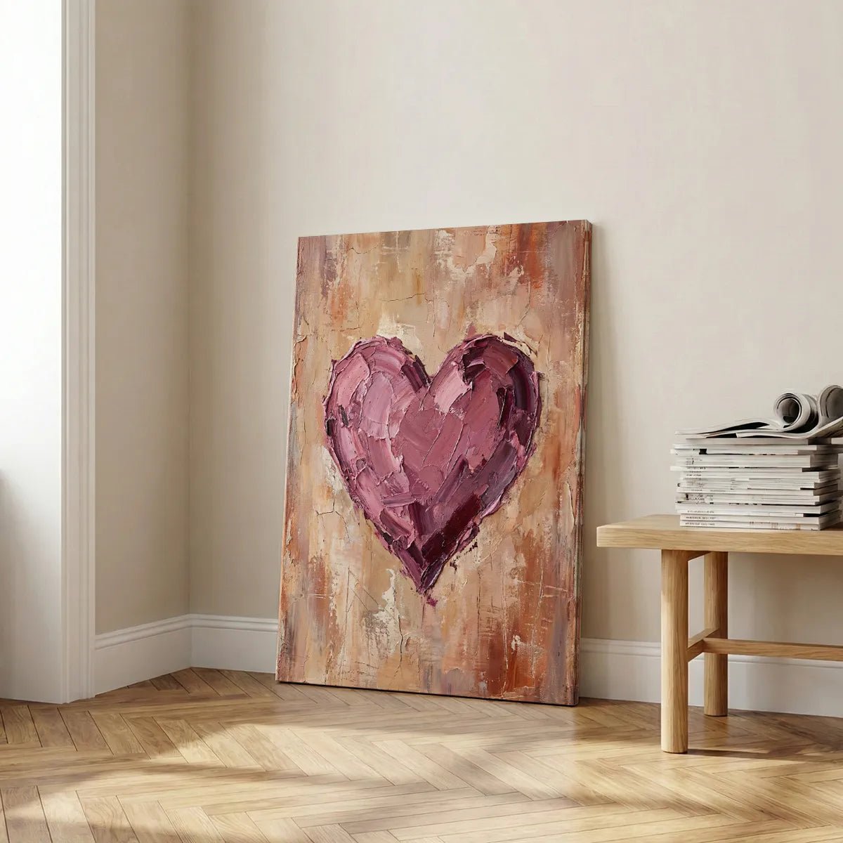 Painterly canvas print showcasing a textured heart shape in romantic tones of purple and pink over a layered, earthy background