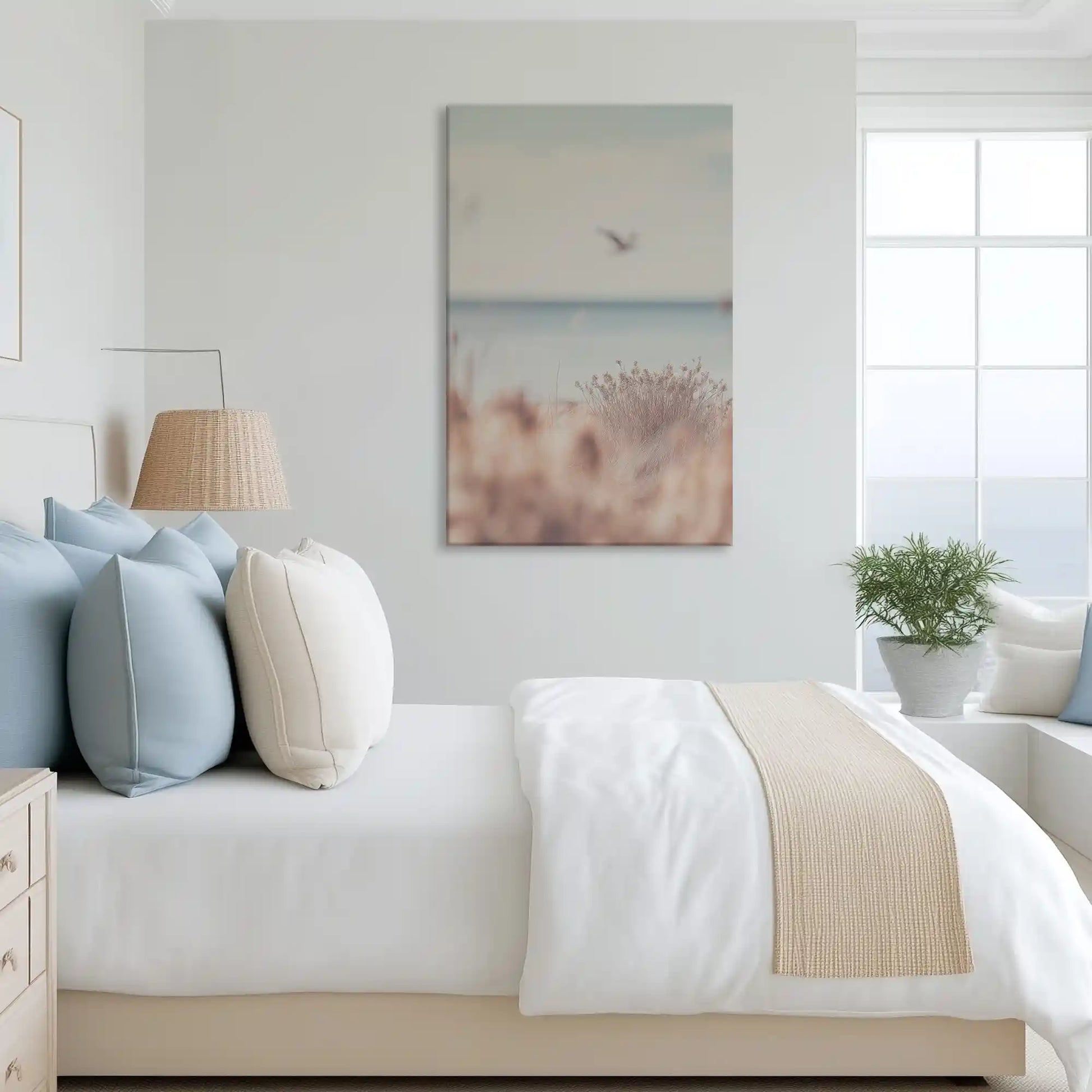 Tranquil coastal meadow canvas art complementing neutral modern spaces