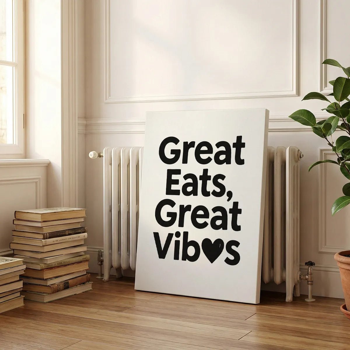 Modern canvas art showcasing bold black text and a heart symbol on white, conveying a positive, casual vibe.