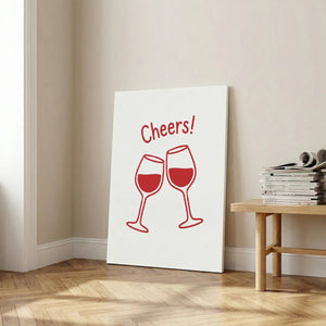 Modern canvas art with a flat, graphic rendering of wine glasses and festive text, surrounded by ample white space