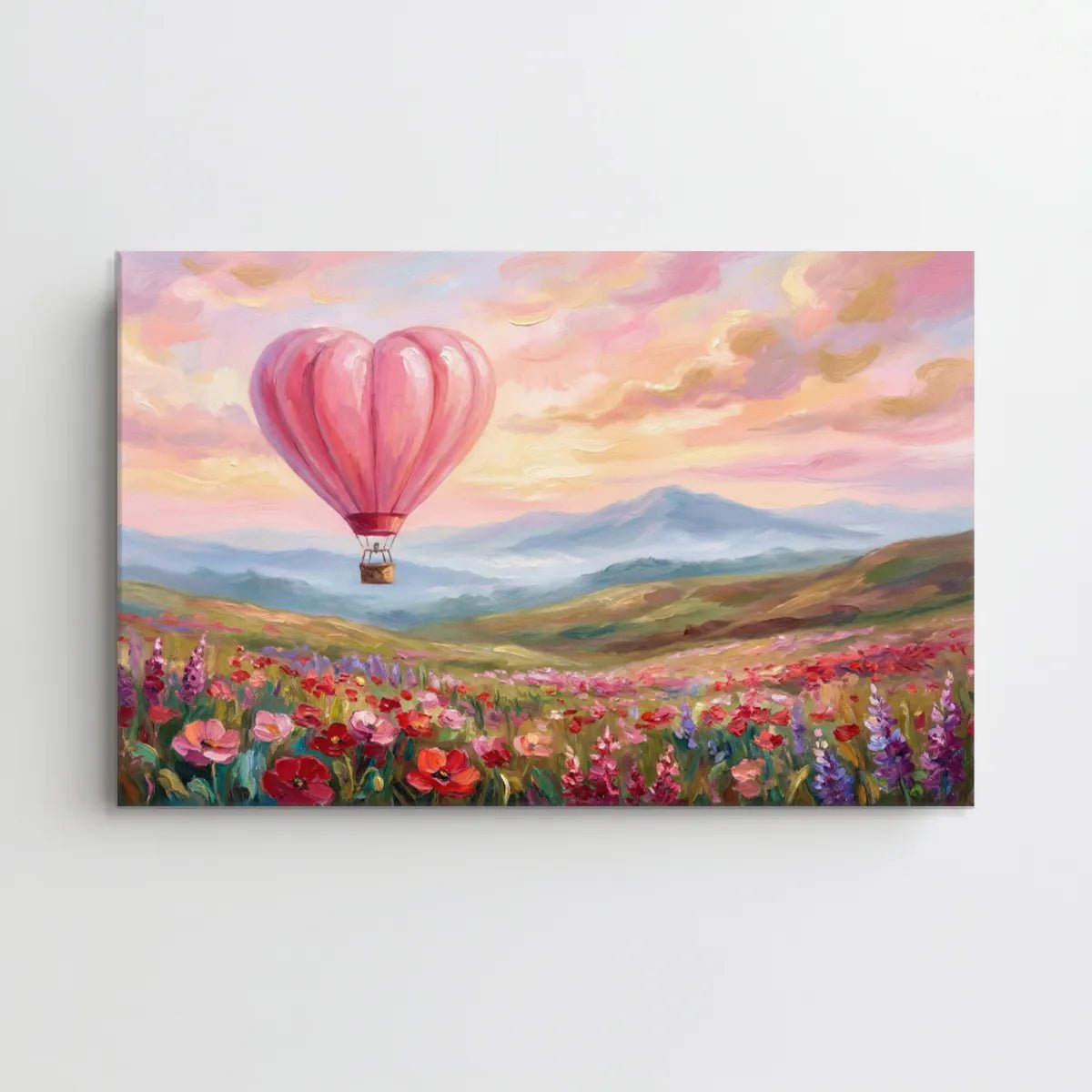 Modern canvas art featuring a red heart balloon above a field of wildflowers and painterly mountains under a peach-toned sky.
