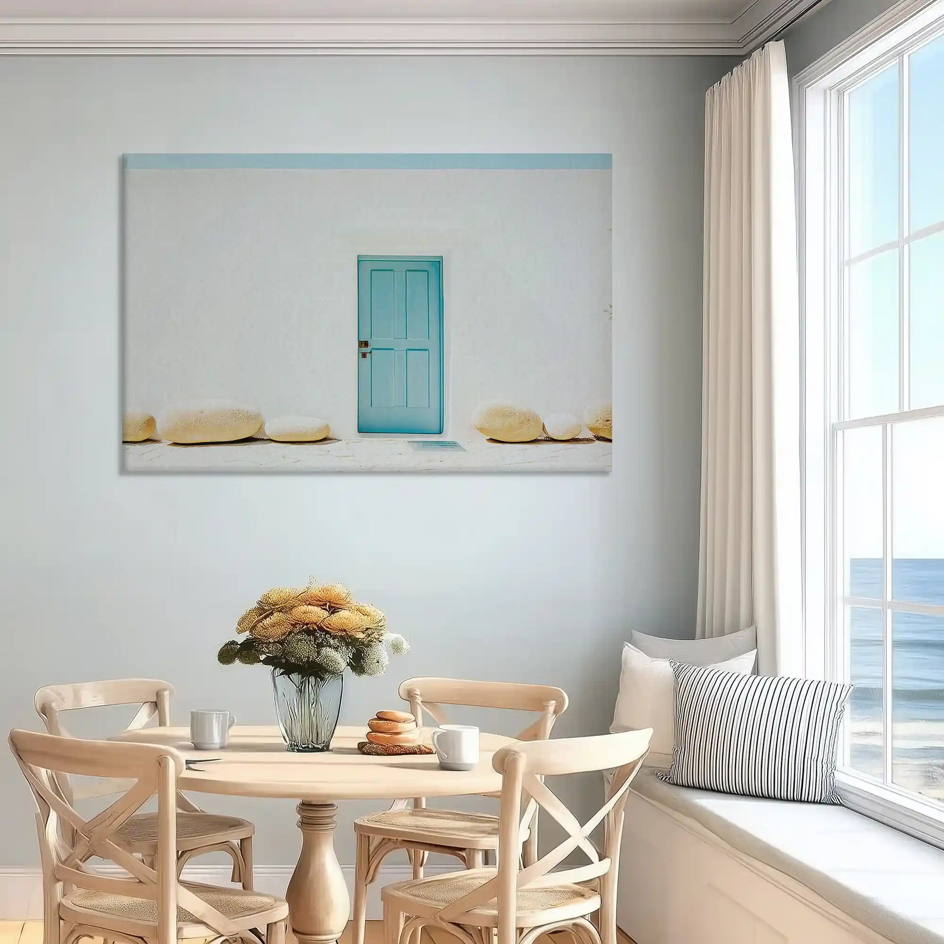 Neutral-toned coastal canvas wall art with minimalist door design for above sofa decor