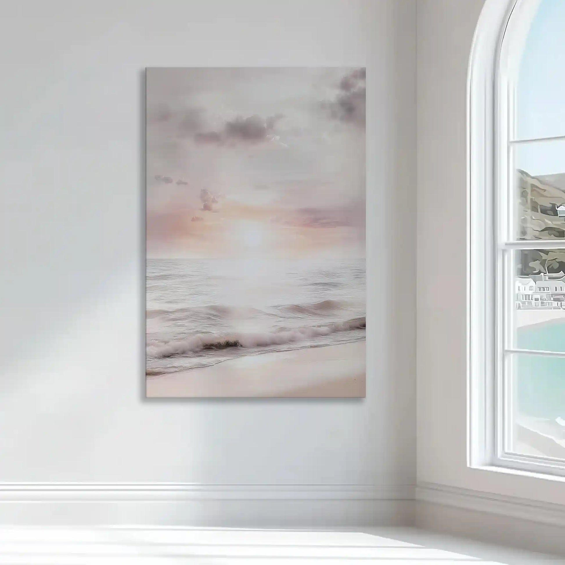 Blush pink seascape wall decor bringing calm coastal serenity to bright modern interiors