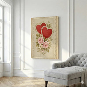 Fine art canvas with a romantic hand-painted look, highlighting lace-bordered hearts and pastel blooms in a gentle color palette.