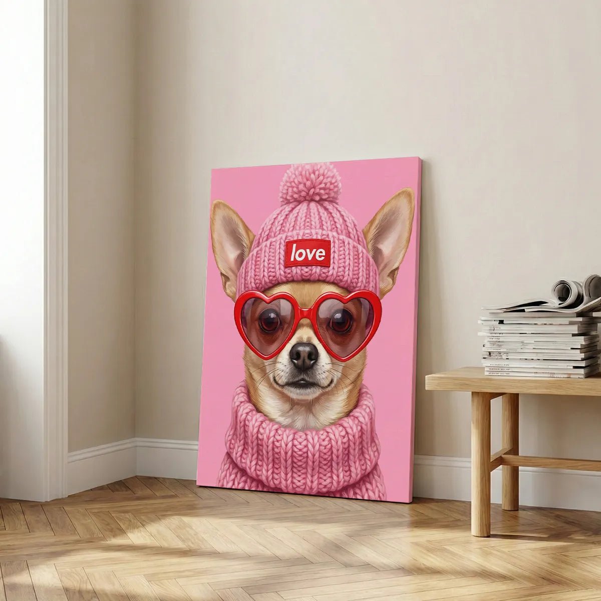 Whimsical canvas wall decor with a centered portrait of a chihuahua dressed in pink knitwear and red heart sunglasses