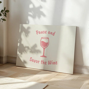 Clean and cheerful canvas wall art with white background and pink monochromatic design centered around wine imagery.