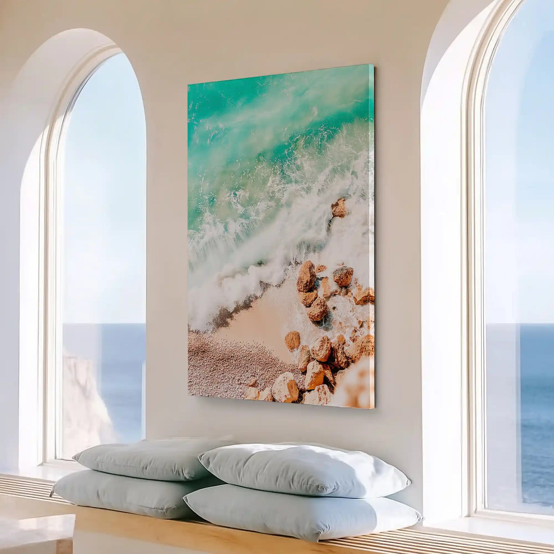 Neutral pastel seascape canvas art enhancing modern wall decor with calm coastal character