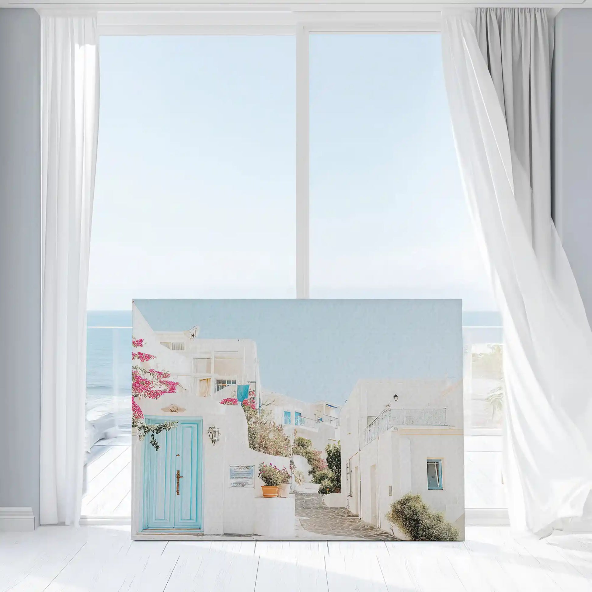 Oversized seaside architecture canvas print styled as vibrant wall decor
