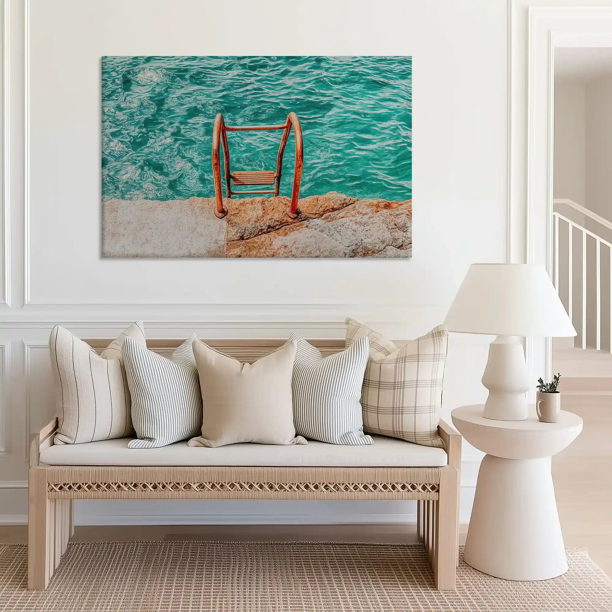 Large ocean ladder canvas print perfect for above sofa placement in airy rooms