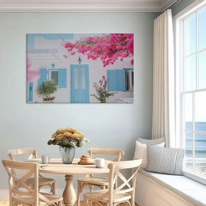 Rustic seaside canvas print of stucco walls, aqua shutters, and vivid pink flowers