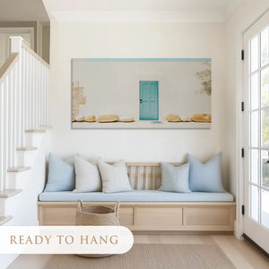 Modern coastal canvas wall art ideal for bedroom or living room with aqua door design