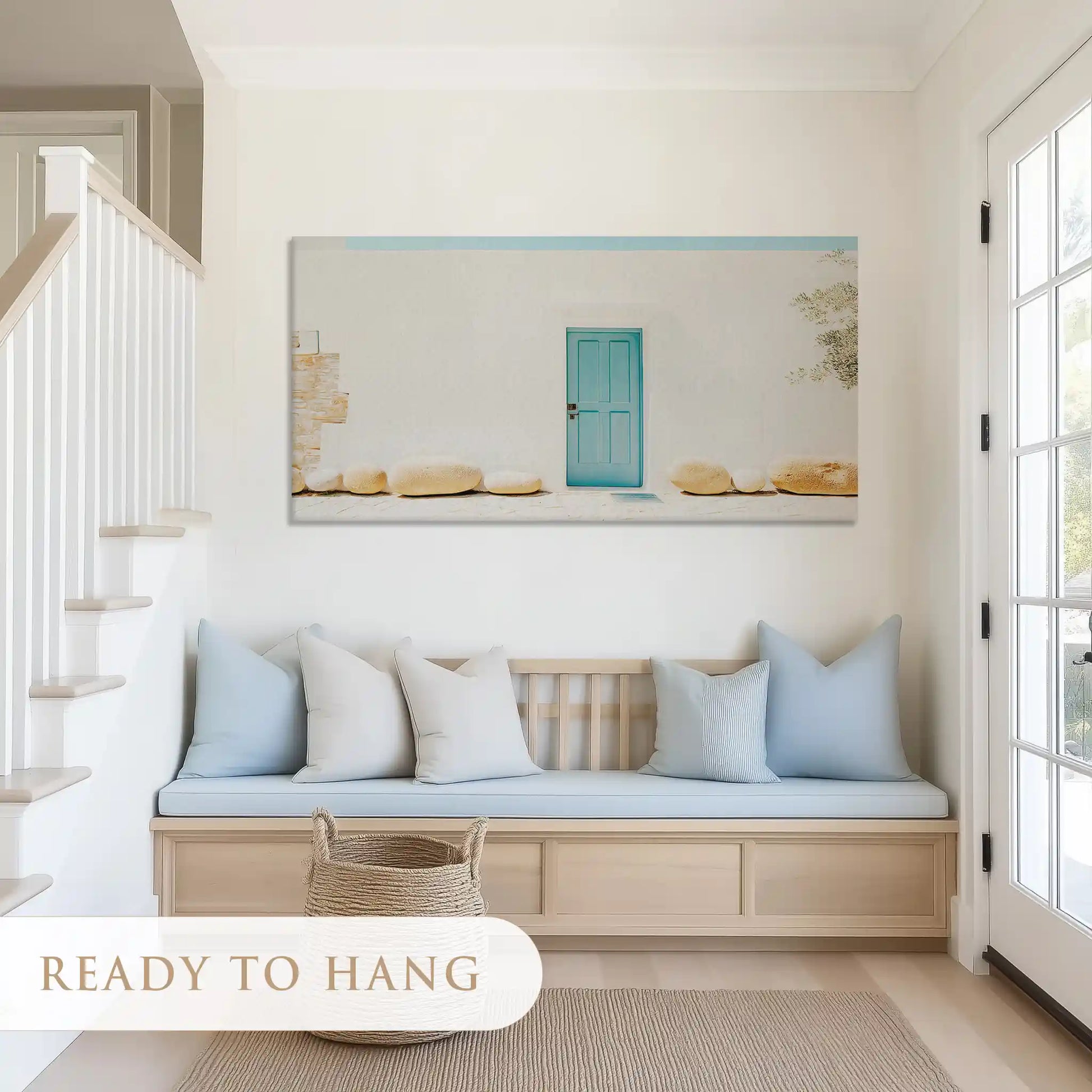 Modern coastal canvas wall art ideal for bedroom or living room with aqua door design