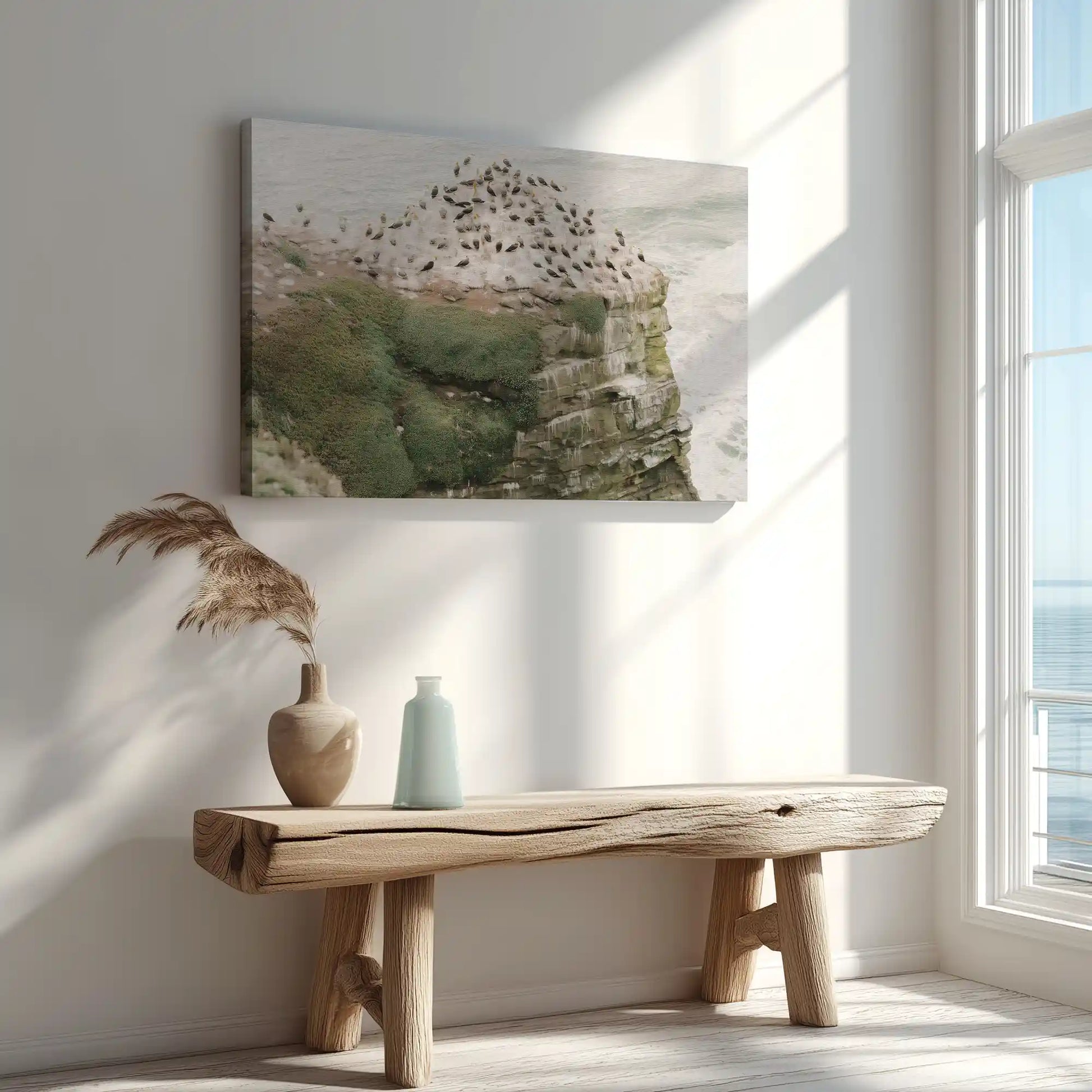 Nautical canvas wall art with textured rocky cliffs and soaring seabirds by the shore