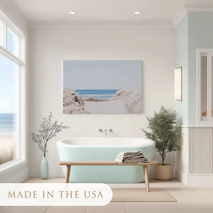 Soft blue ocean horizon painting adding tranquil touch to contemporary wall design