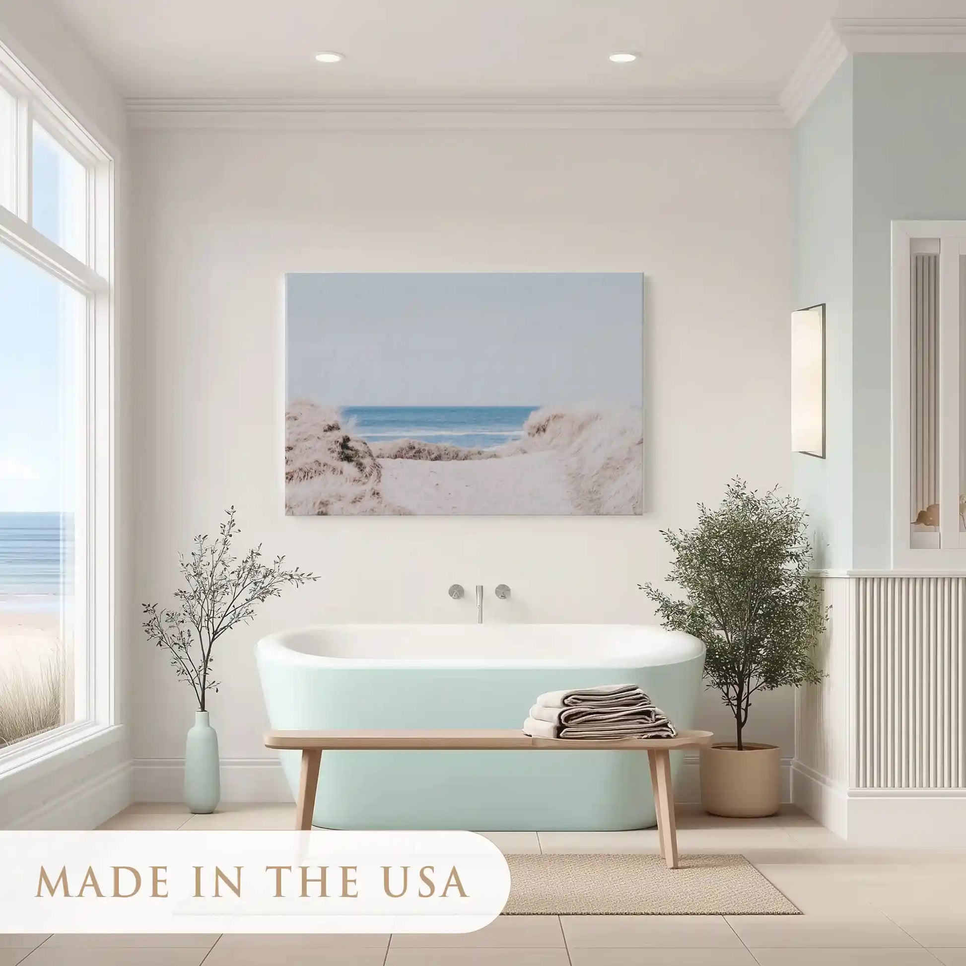Soft blue ocean horizon painting adding tranquil touch to contemporary wall design