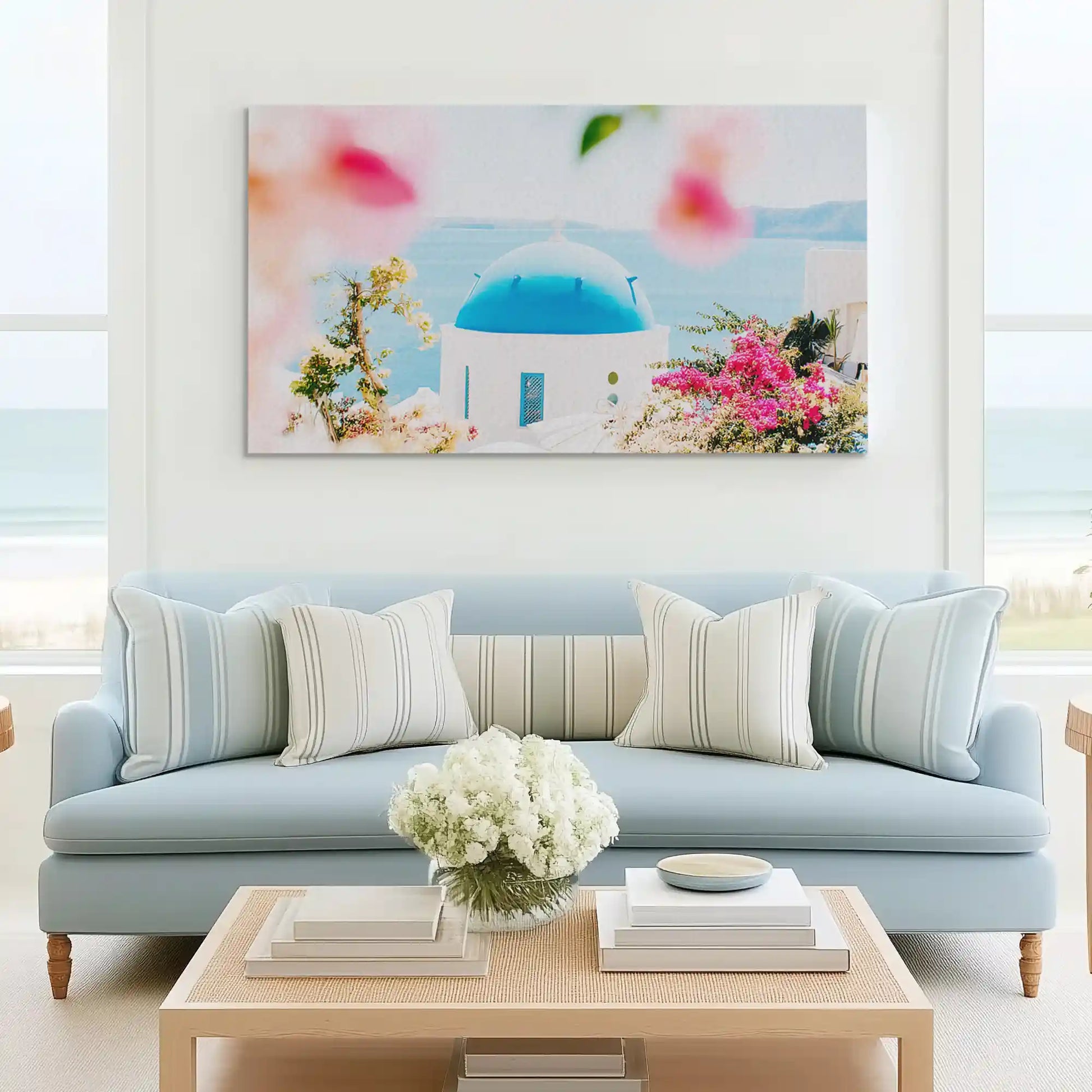 Romantic pink flower canvas art complementing Mediterranean interior decor