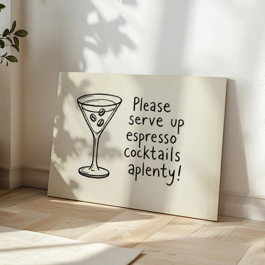 Minimalist canvas wall art with black line art of a martini glass and playful espresso cocktail quote in clean typography