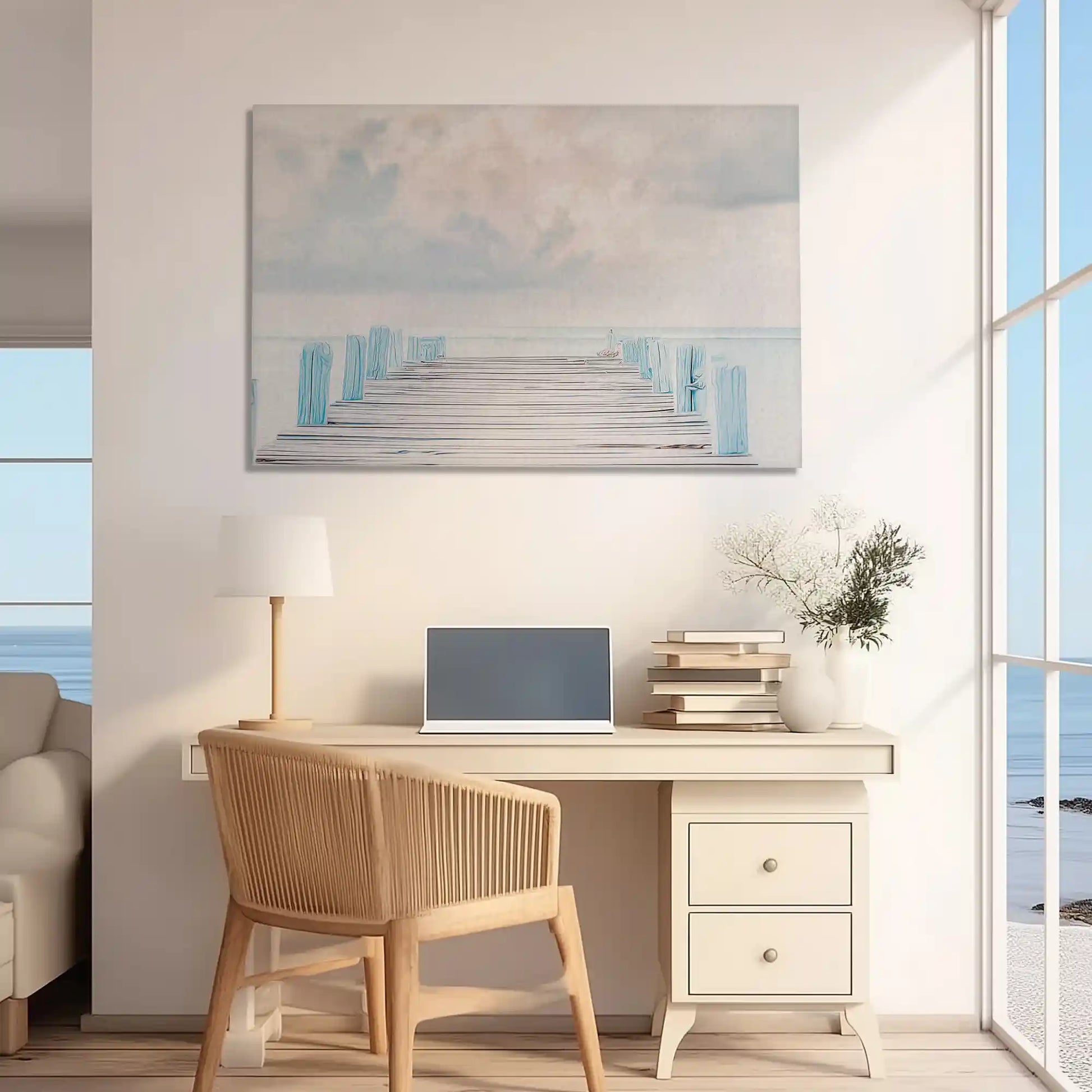 Nautical coastal wall art canvas with dock, ocean blues, and calming beach atmosphere