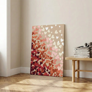 Minimalist canvas wall decor with graphic heart motifs in varying sizes and soft gradient transitions