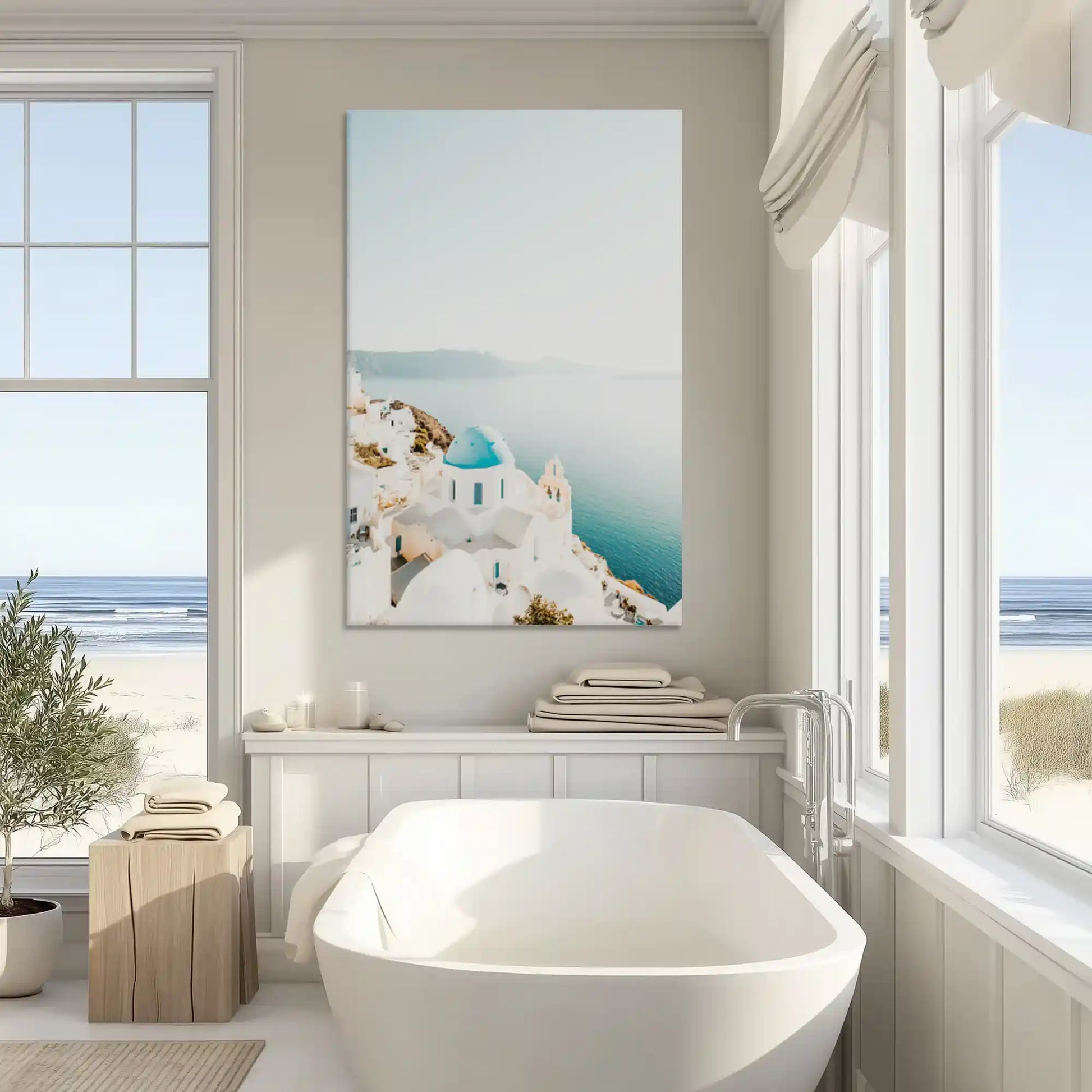 Modern Greek island painting with tranquil palette enhancing minimalist decor