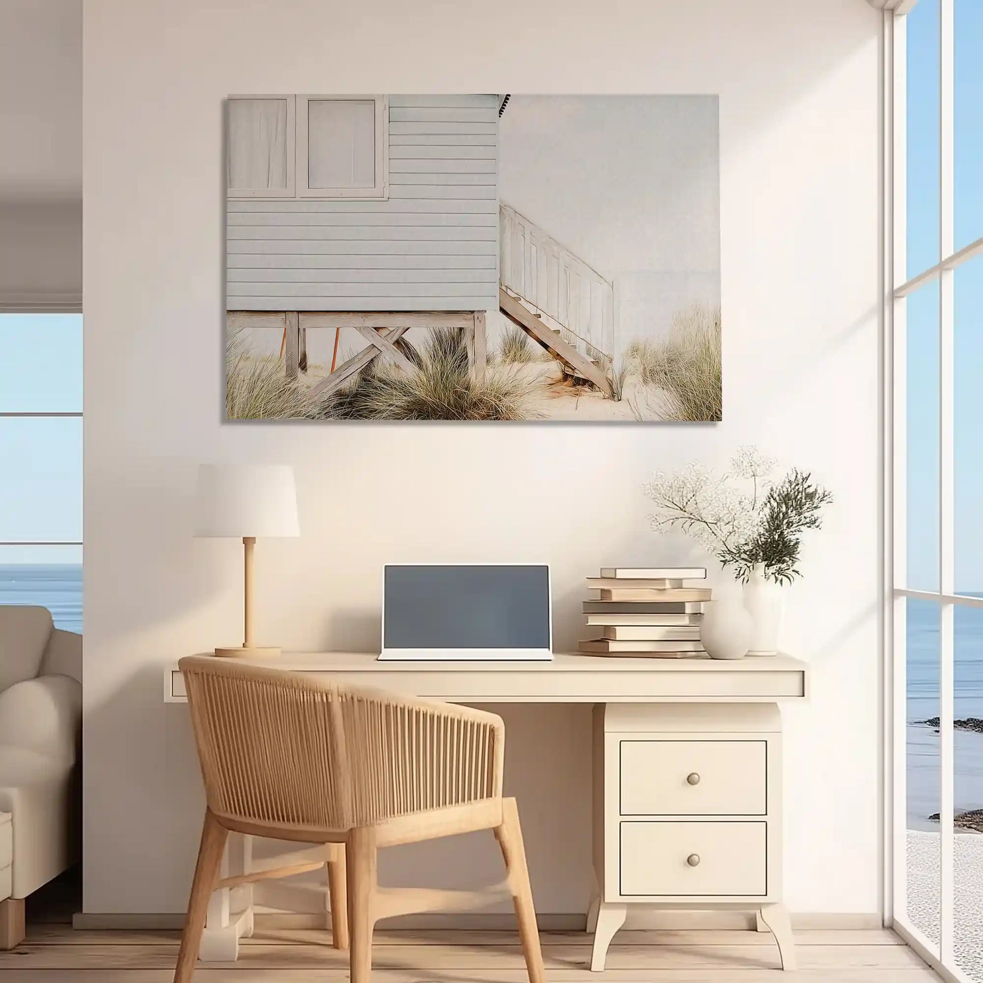 Oversized coastal cottage canvas print styled as modern wall decor for homes