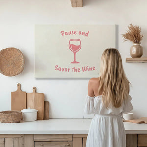 Horizontal canvas wall art with a playful wine theme and centralized composition of text and glass graphic.