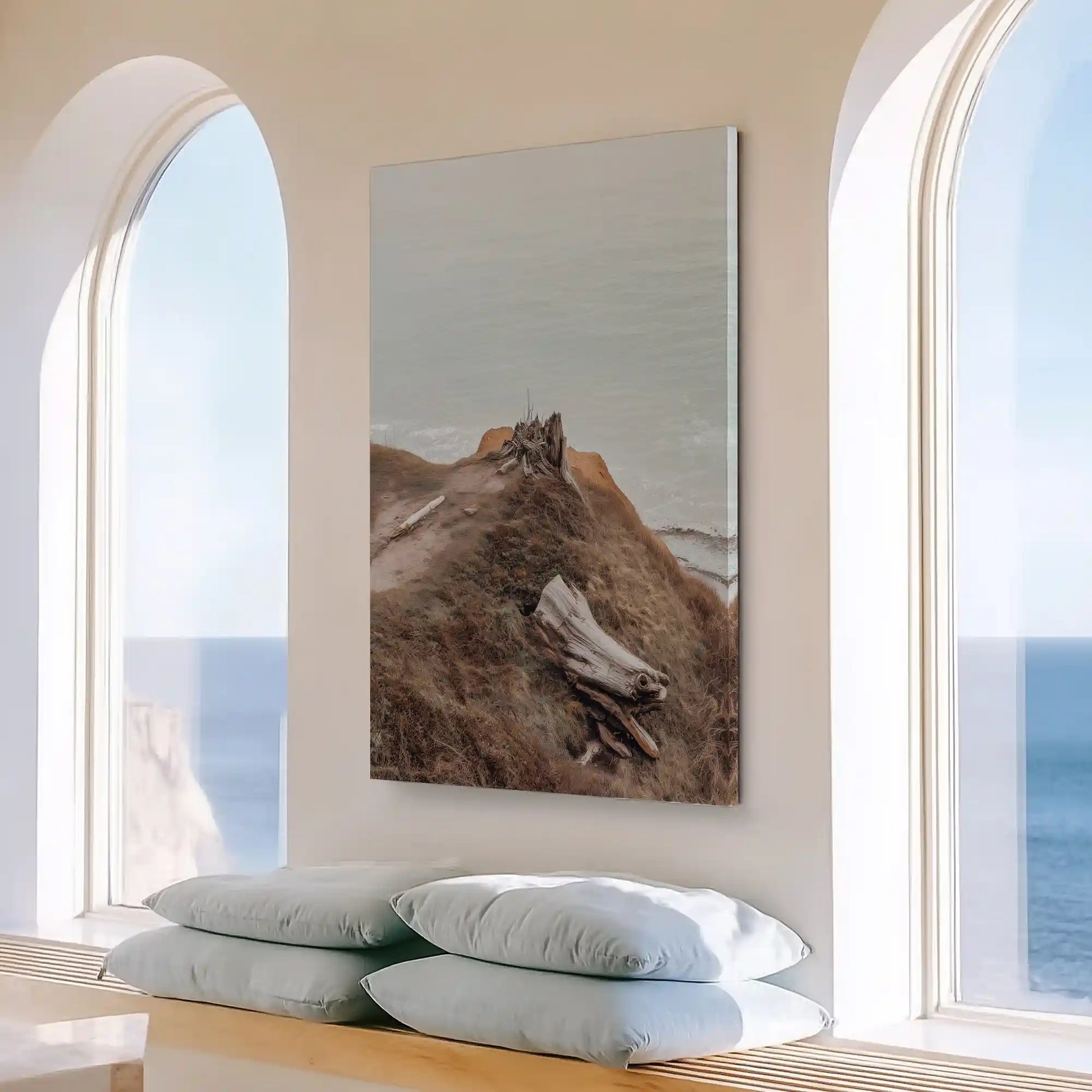 Large vertical driftwood cliff painting perfect for enhancing contemporary living room walls