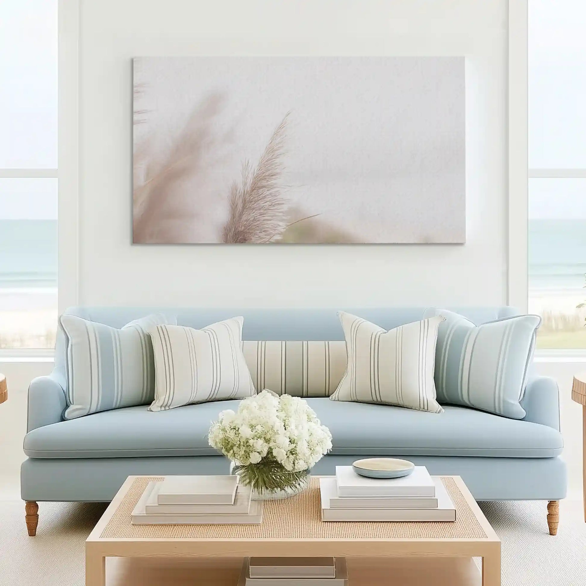 Tranquil coastal grass canvas wall art complementing Scandinavian-inspired décor