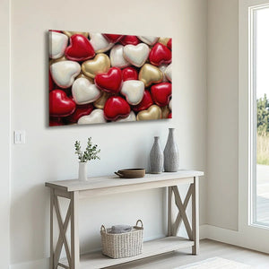 Vertical canvas art with a glossy heart pattern in red, white, and gold, ideal for bedroom wall display