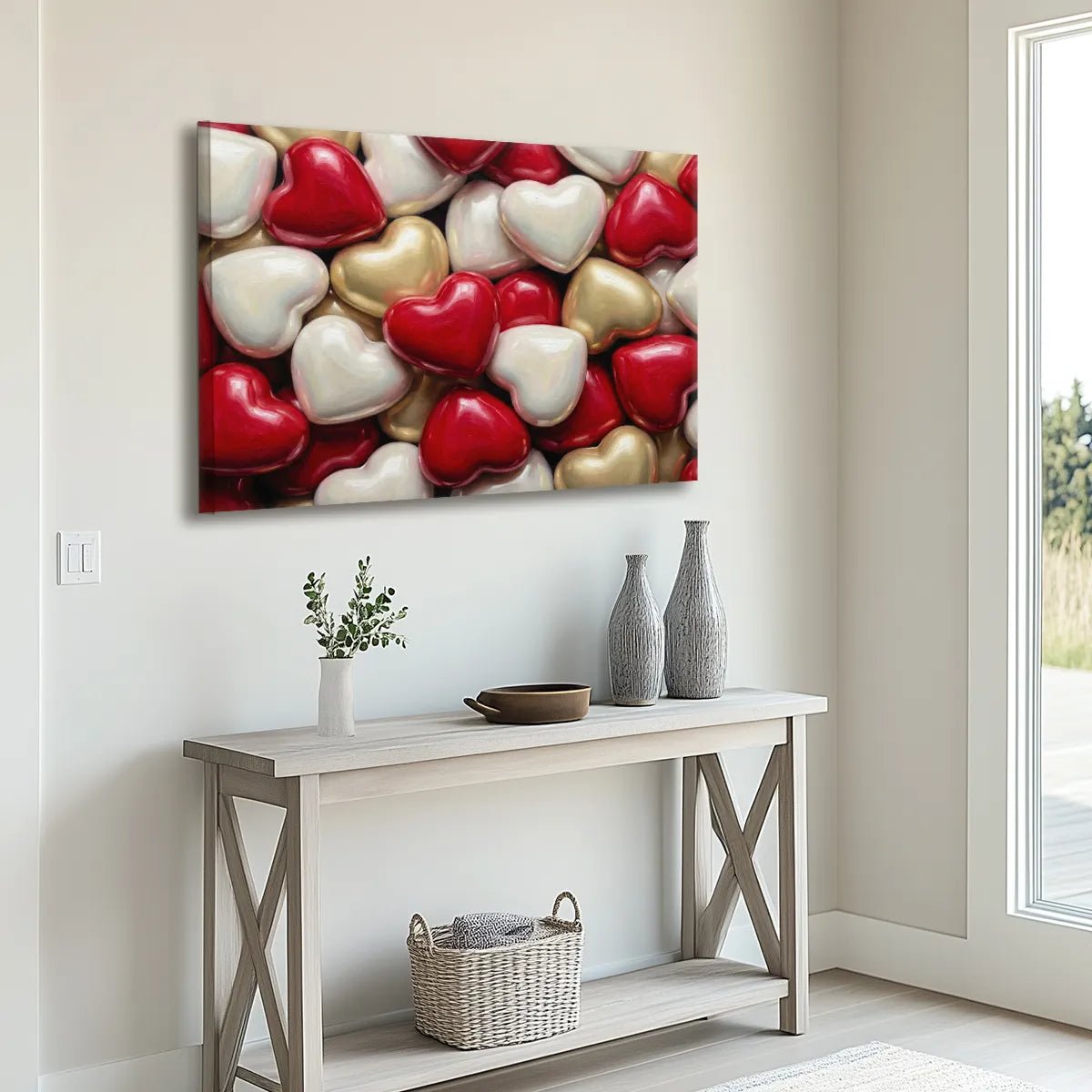 Vertical canvas art with a glossy heart pattern in red, white, and gold, ideal for bedroom wall display