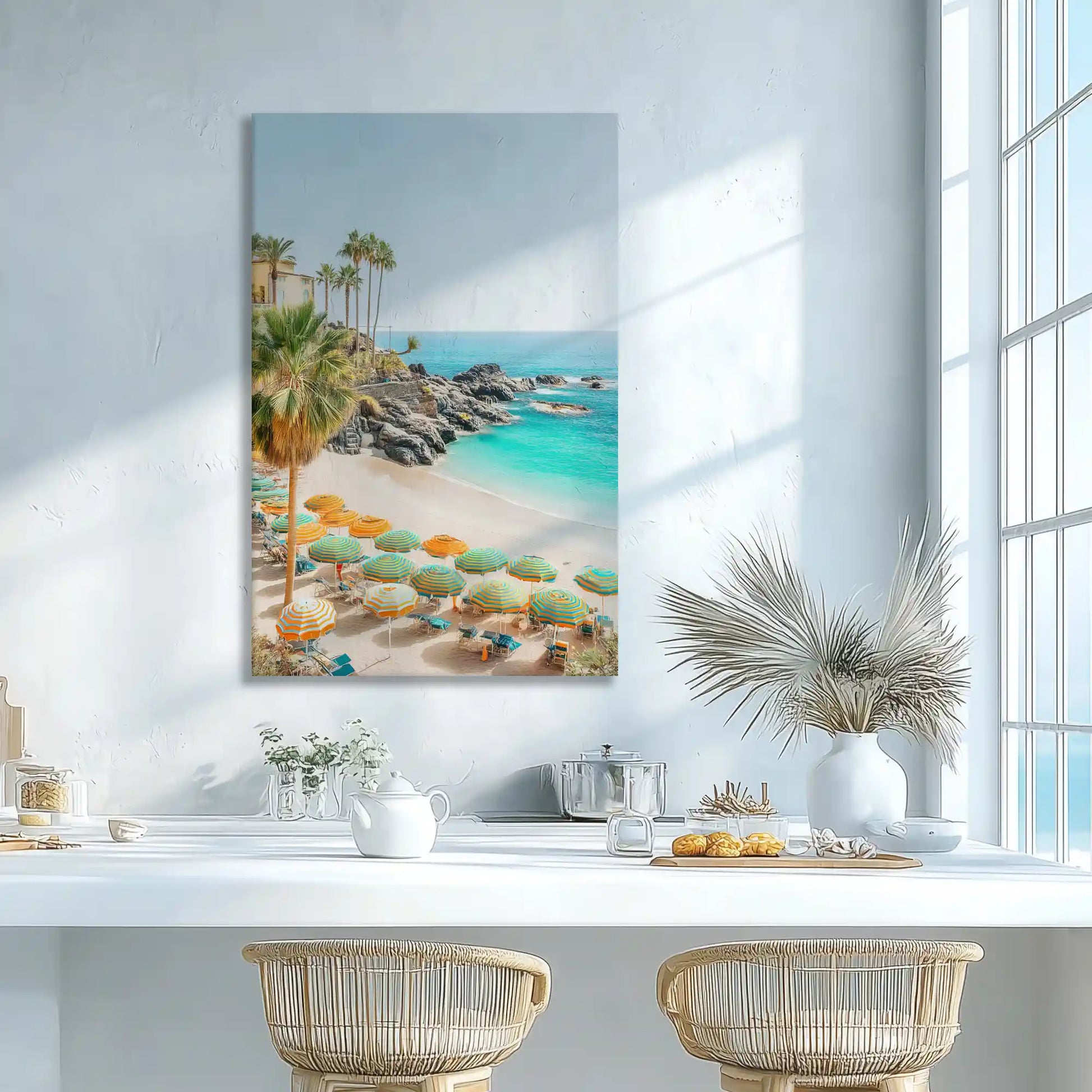 Orange and teal beach wall decor adding cheerful ambiance to dining space