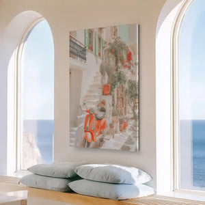 Large vertical Mediterranean street painting perfect for enhancing bright living room walls