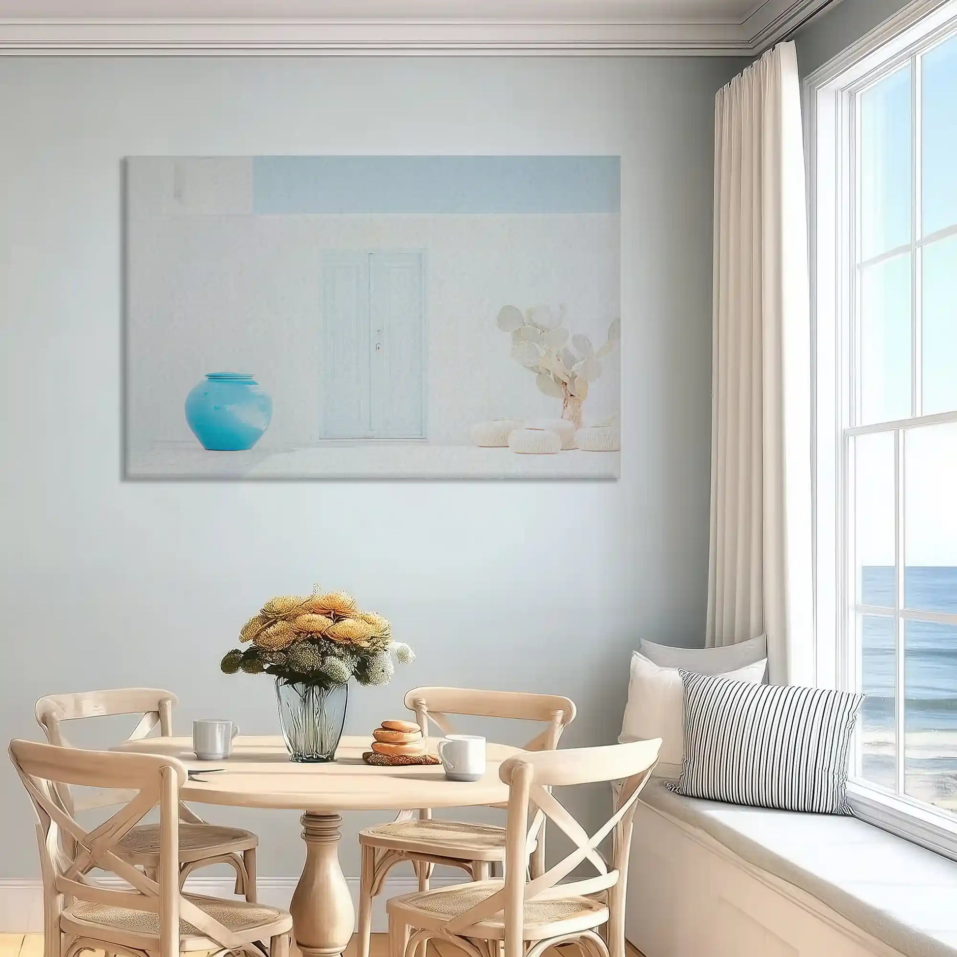 Pastel village canvas art enhancing serene bedroom wall design with soft blue accents