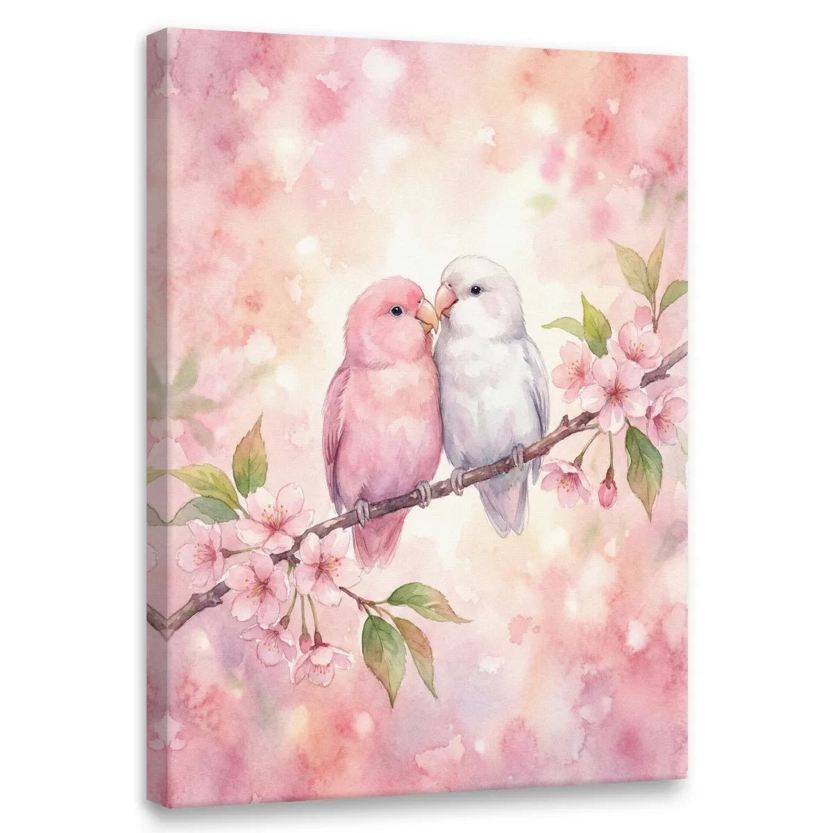 Romantic watercolor canvas wall art featuring two birds nestled on a cherry blossom branch with soft pink and green tones.