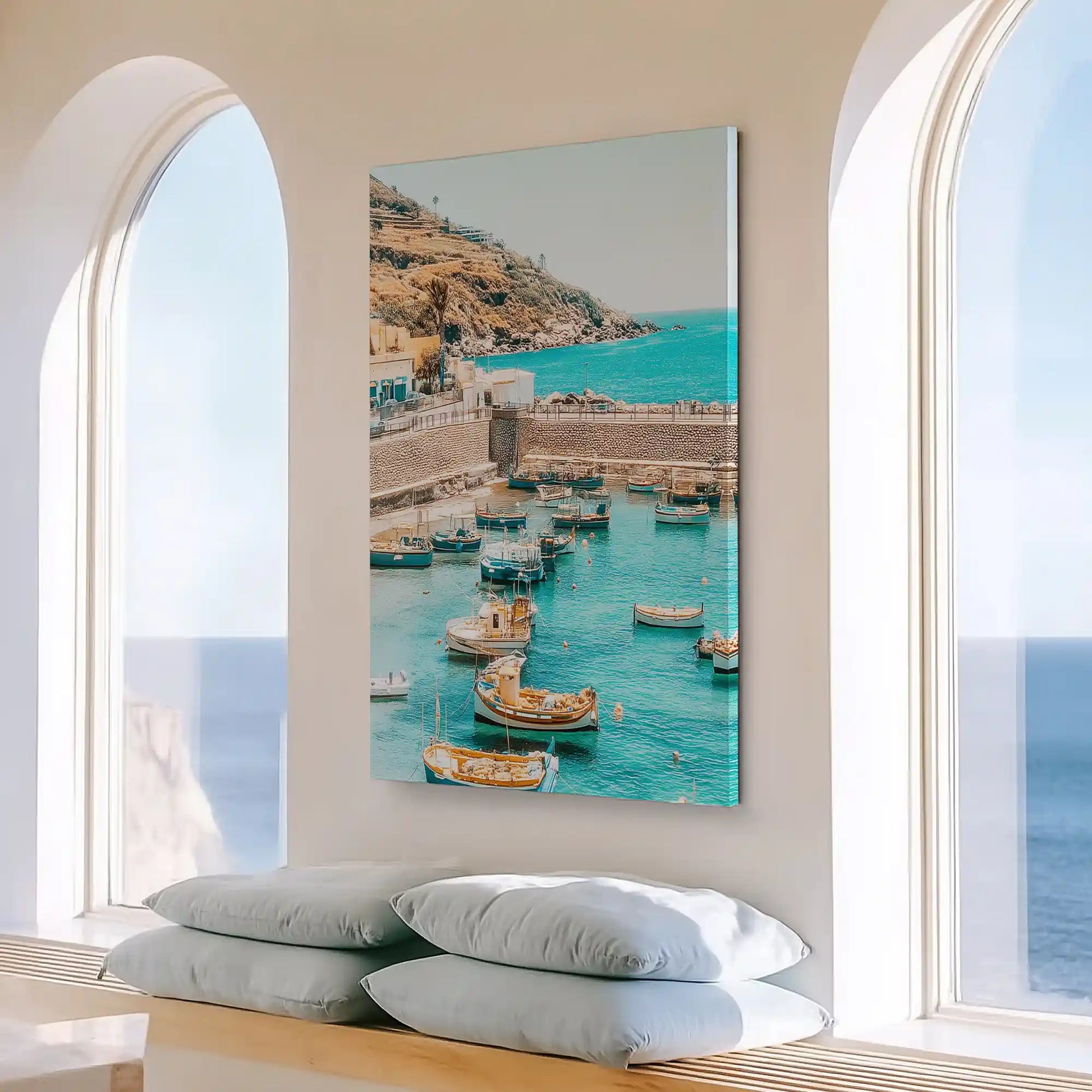 Large harbor painting with turquoise waters perfect for above the sofa