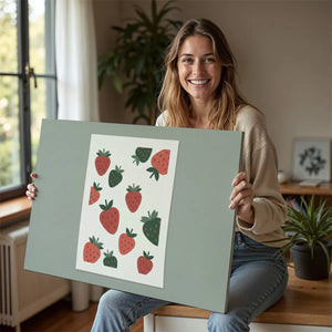 Canvas wall art with a centered composition of repeating strawberries and wide negative space on either side