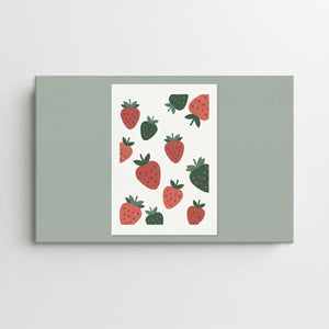 Strawberry-themed canvas wall art using clean, uniform lines and a soft red and green color scheme