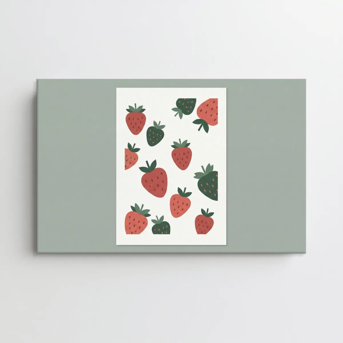 Strawberry-themed canvas wall art using clean, uniform lines and a soft red and green color scheme