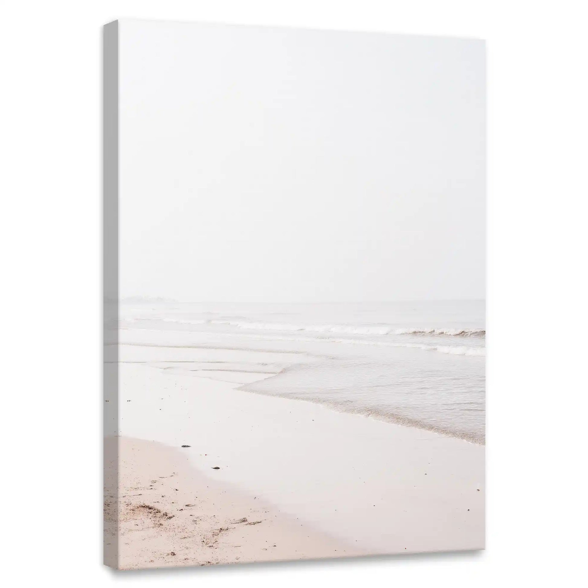 Minimalist coastal canvas wall art for bedroom featuring soft pastel sandy beach and ocean horizon