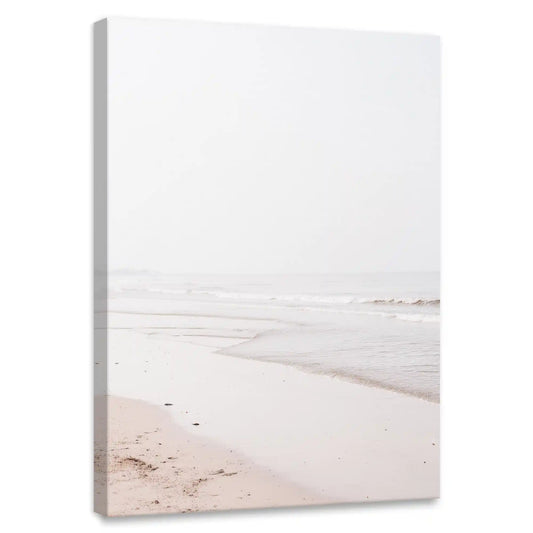 Minimalist coastal canvas wall art for bedroom featuring soft pastel sandy beach and ocean horizon