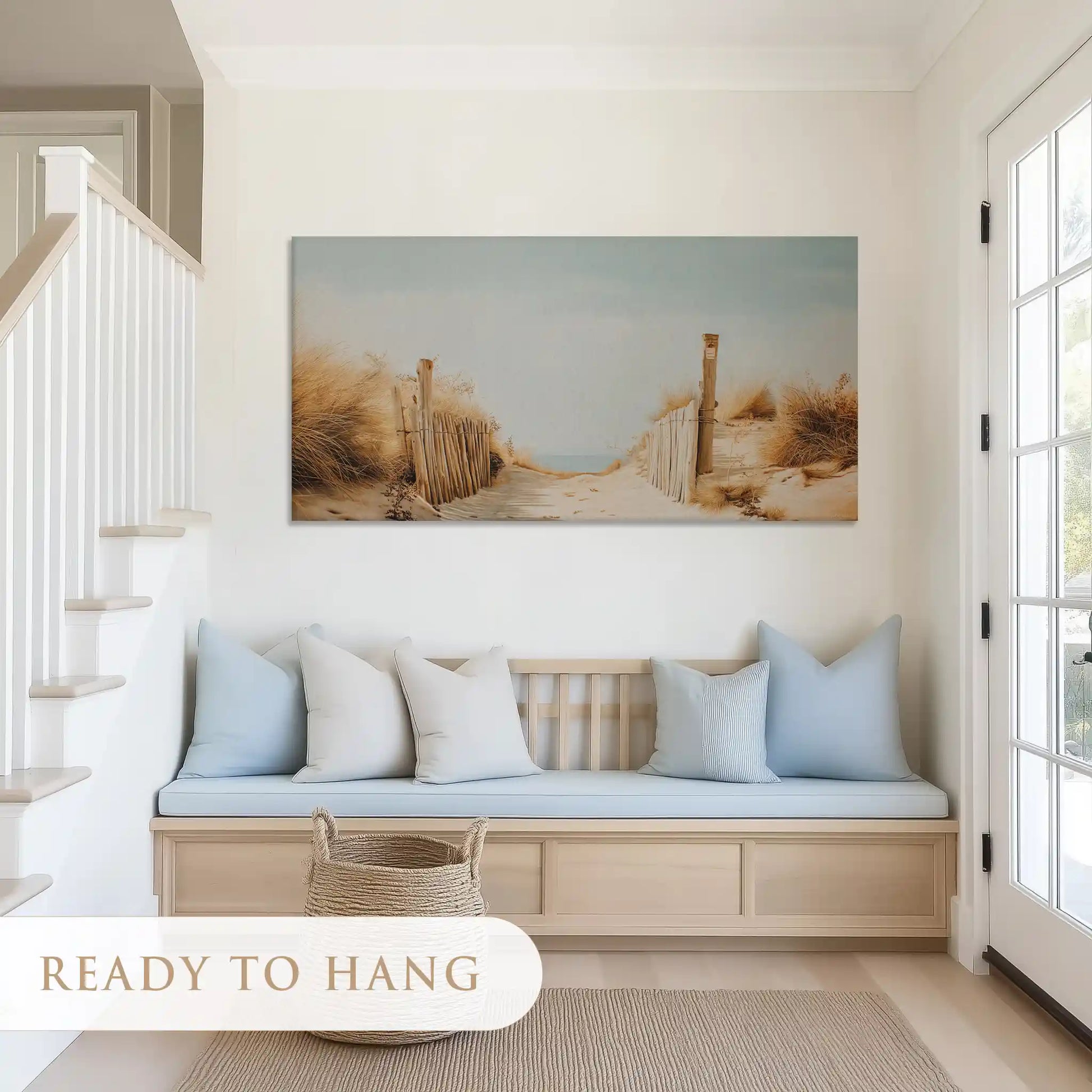 Peaceful beach path canvas art with soft tones for airy and minimalist interiors