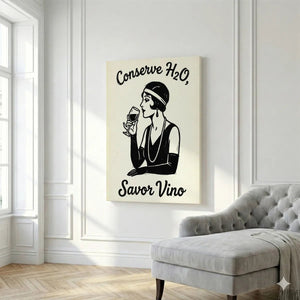 Art Deco canvas print showing a sophisticated 1920s woman in gloves and headband, centered with playful wine-themed text