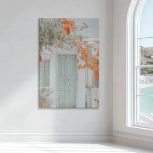 Soft mint door and orange blooms wall art bringing coastal charm