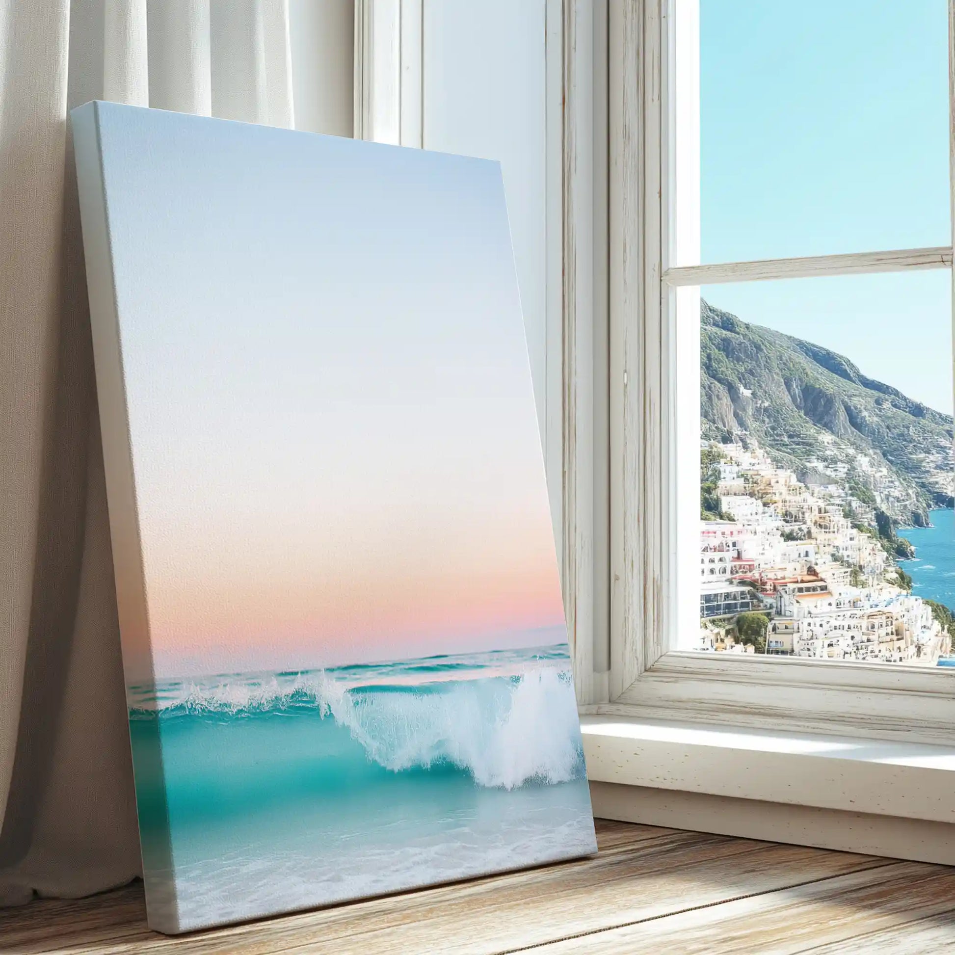 Crashing wave captured in a canvas print with modern coastal style