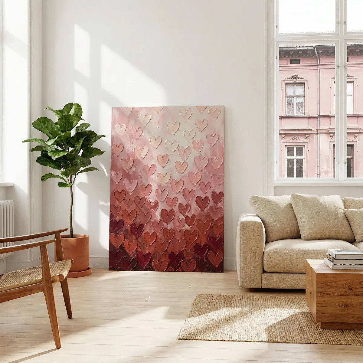 Gallery wrapped canvas with abstract heart shapes arranged in rows, transitioning from light peach to deep red