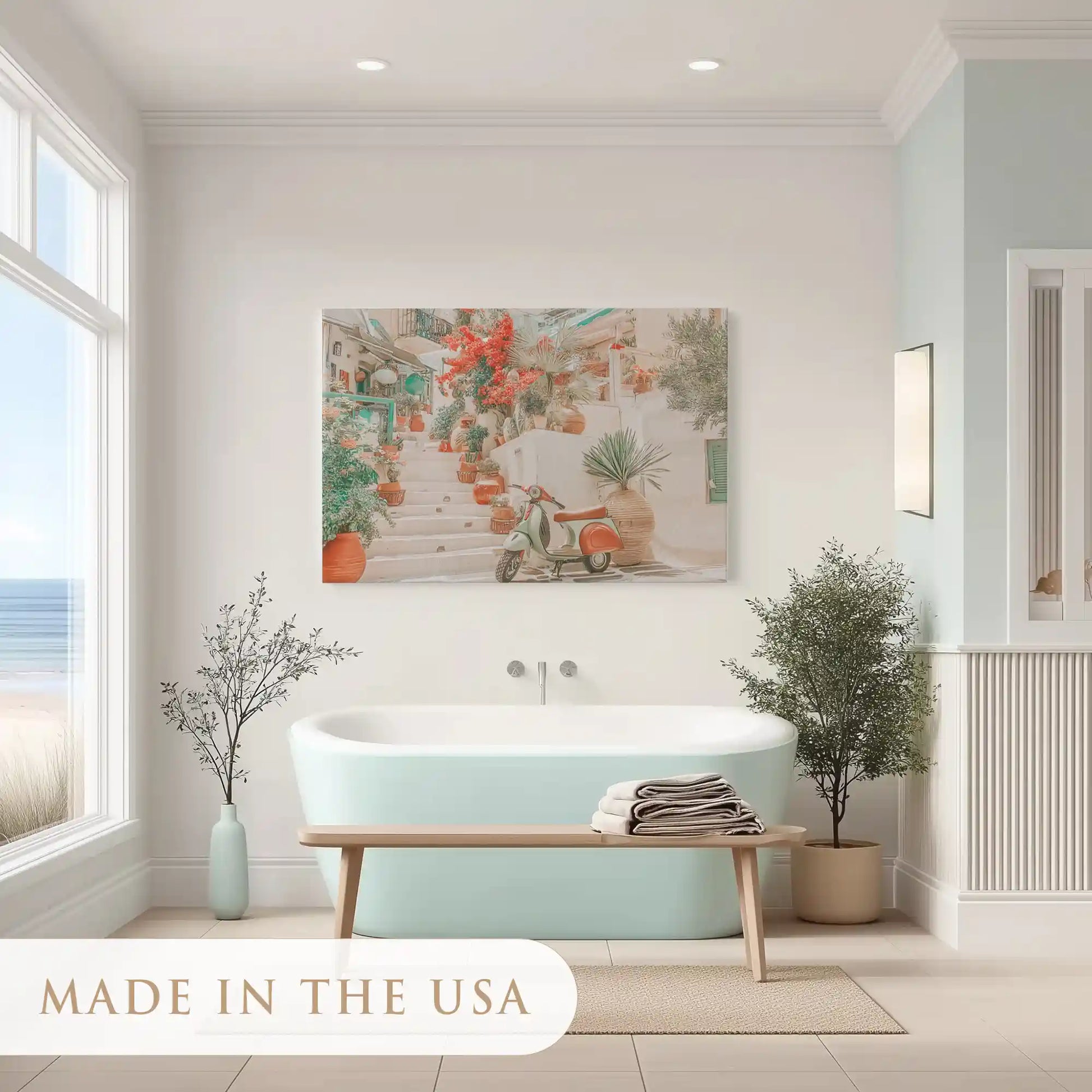 Peaceful floral village painting adding rustic charm to contemporary interiors