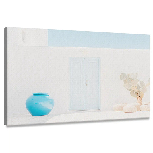 Mediterranean coastal canvas wall art with blue pottery vase for living room décor