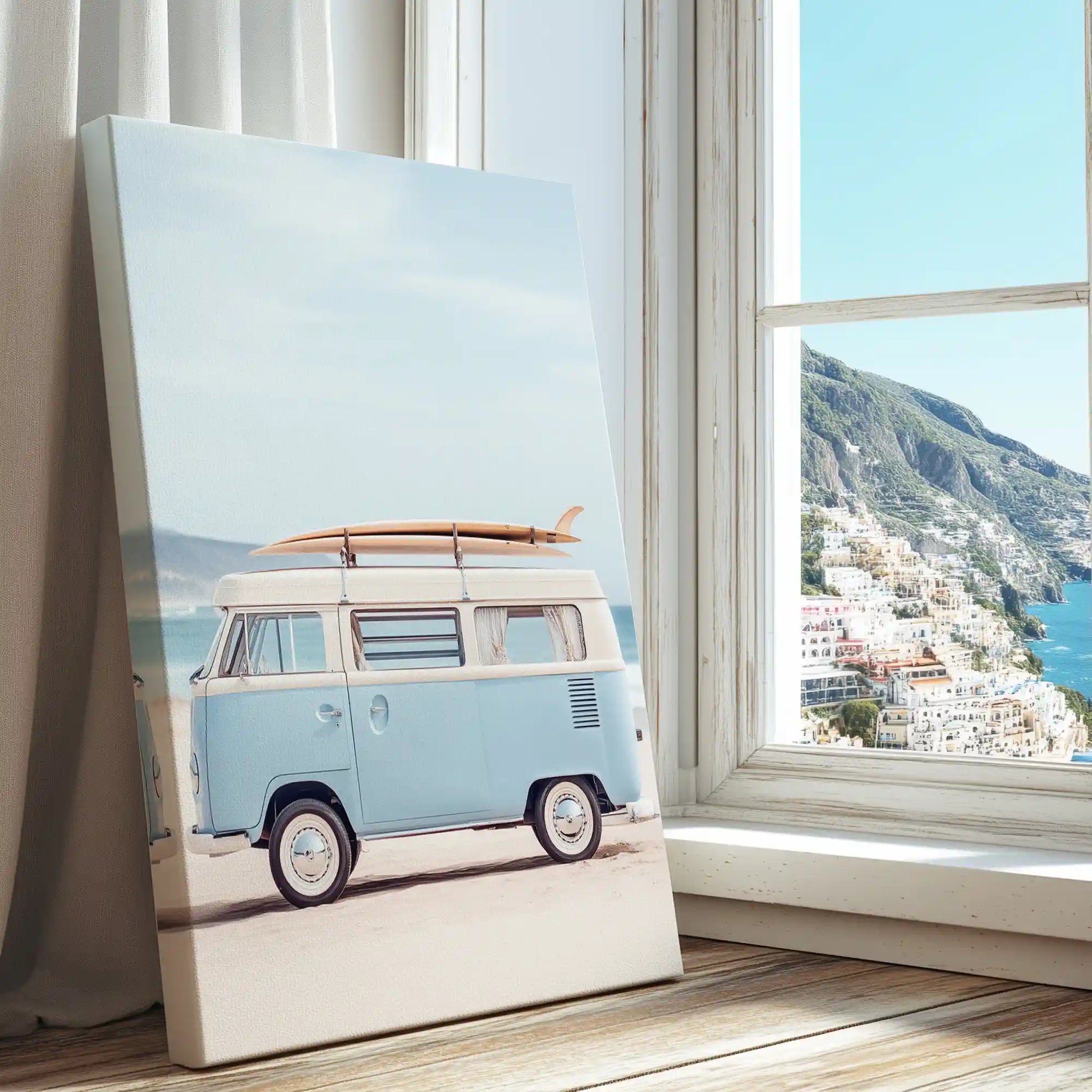 Classic surf van by the ocean captured in a coastal canvas print with minimalist style