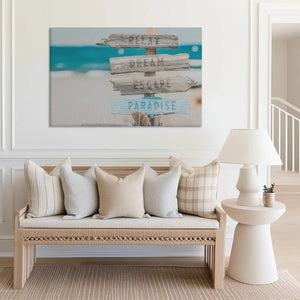 Large paradise beach sign canvas print perfect for above sofa placement in airy rooms